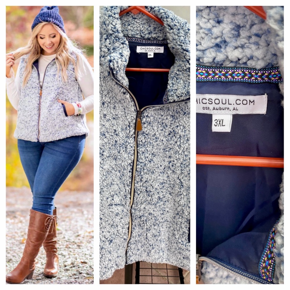 Furry vest, brand new. Never worn. Two available, one blue (model) one grey.